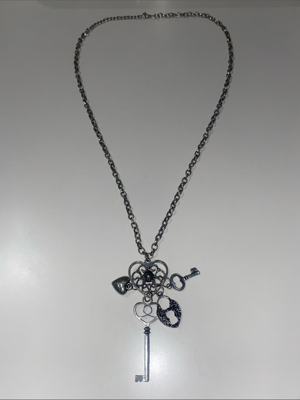 Silver-Tone Heart & Key Charm Necklace - Boho Victorian Jewelry
